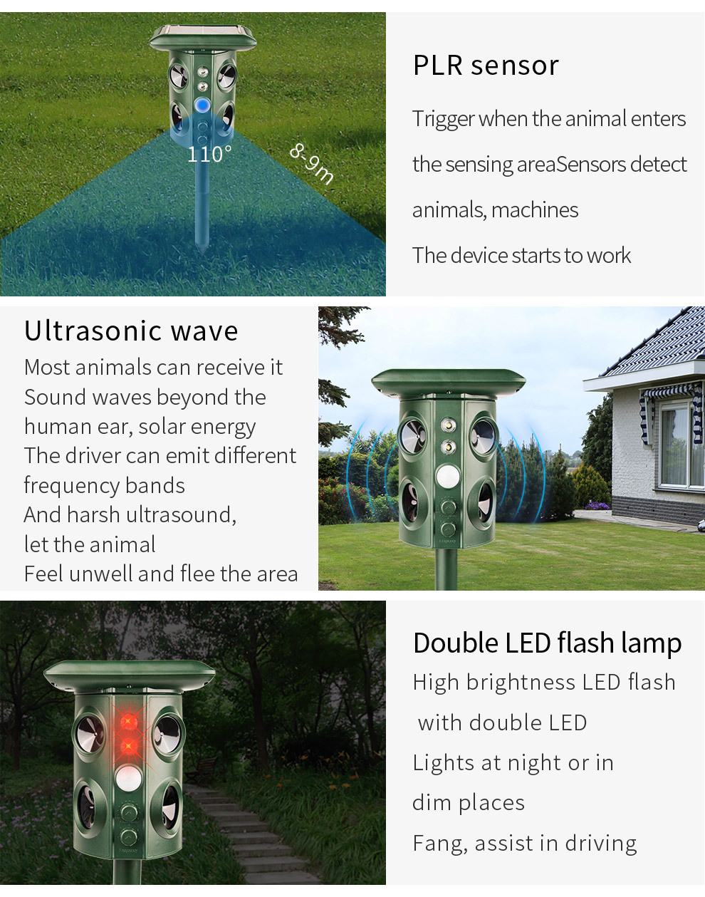 Solar-Powered Ultrasonic Animal Repeller (Four Horns)