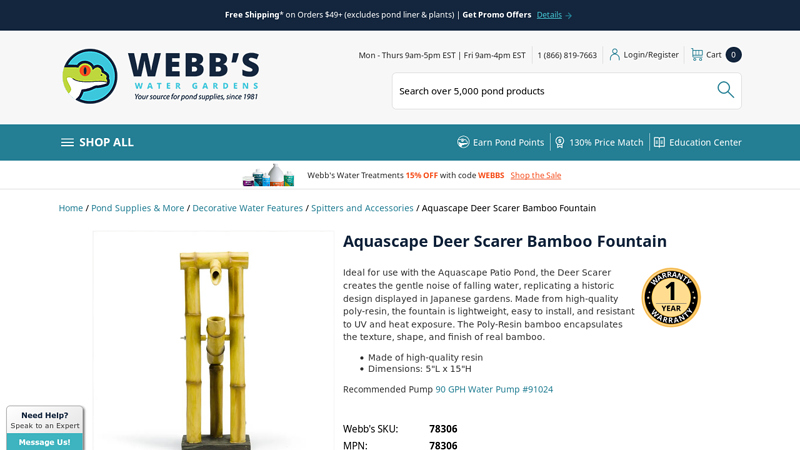 Aquascape Deer Scarer Bamboo Fountain - Webb's Water Gardens