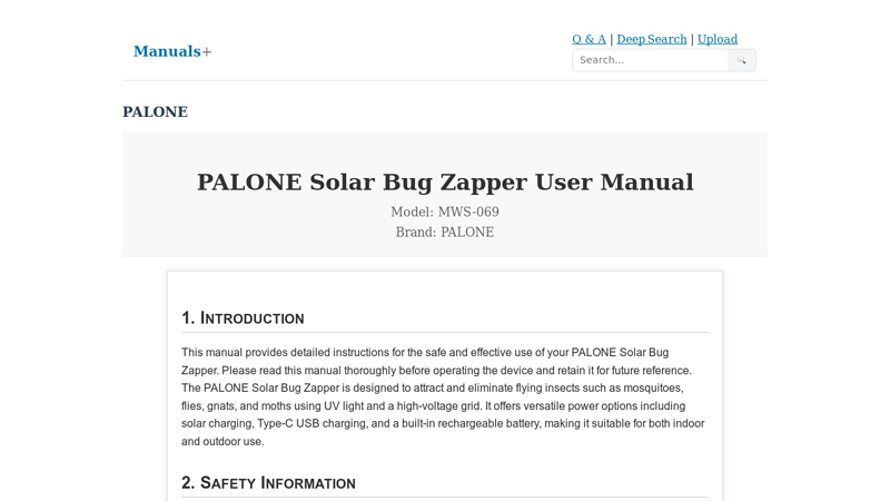 PALONE Solar Bug Zapper User Manual