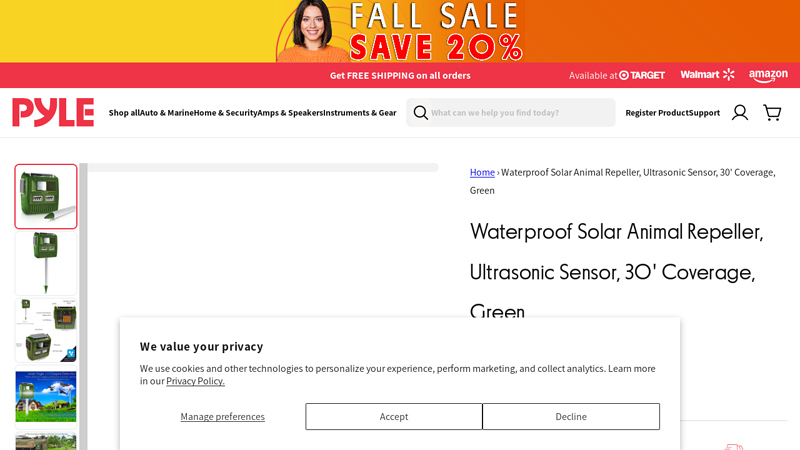 Waterproof Solar Animal Repeller, Ultrasonic Sensor, 30 ... - Pyle USA